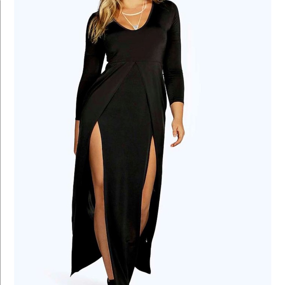 Slinky Plunge Front Slit Maxi Dress